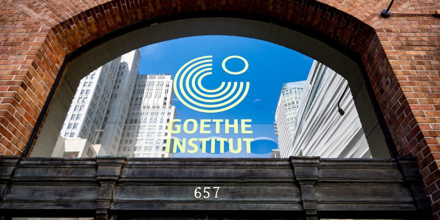 Goethe-Institut entrance with logo on arched glass and address 657, reflections of downtown high-rises on a clear day, San Francisco, California, August 29, 2025. (Photo by Smith Collection/Gado/Getty Images)