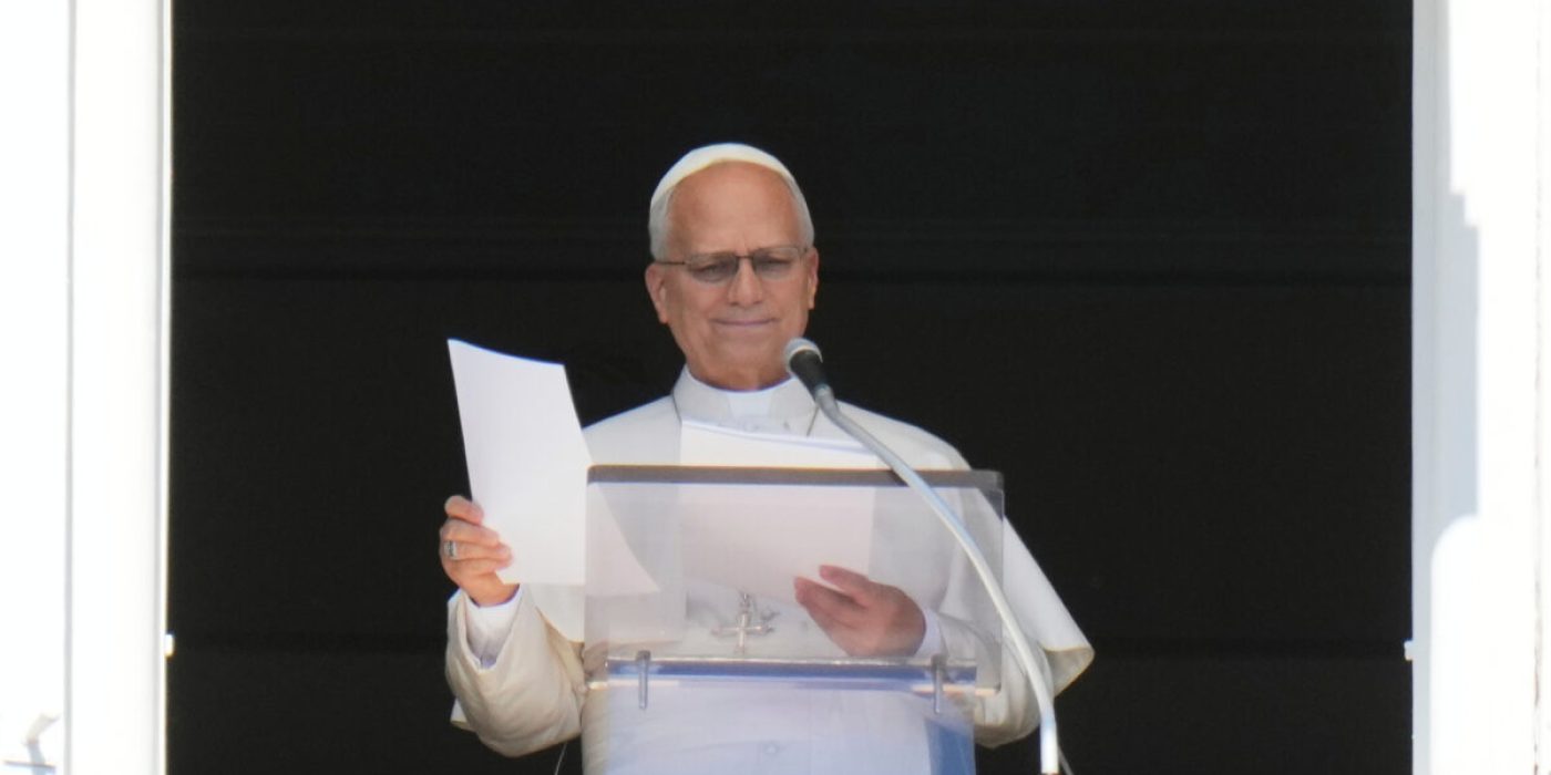 Pope Leo XIV delivers his message during the Angelus noon prayer from the window of his studio overlooking St.Peter's Square, at the Vatican, Sunday, Sept. 13, 2026. (AP Photo/Alessandra Tarantino)